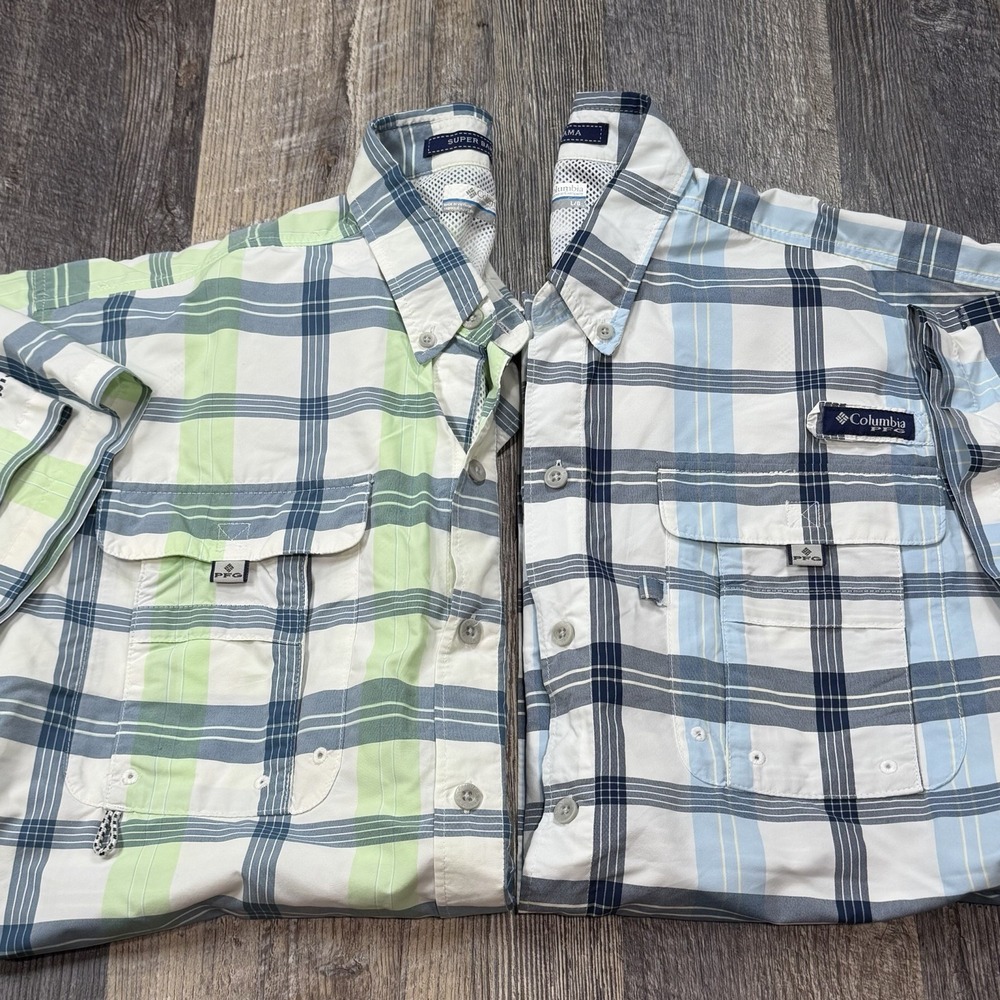 (2) Columbia PFG Super Bahama Men's Large Plaid Omni-Shade Fishing Shirts